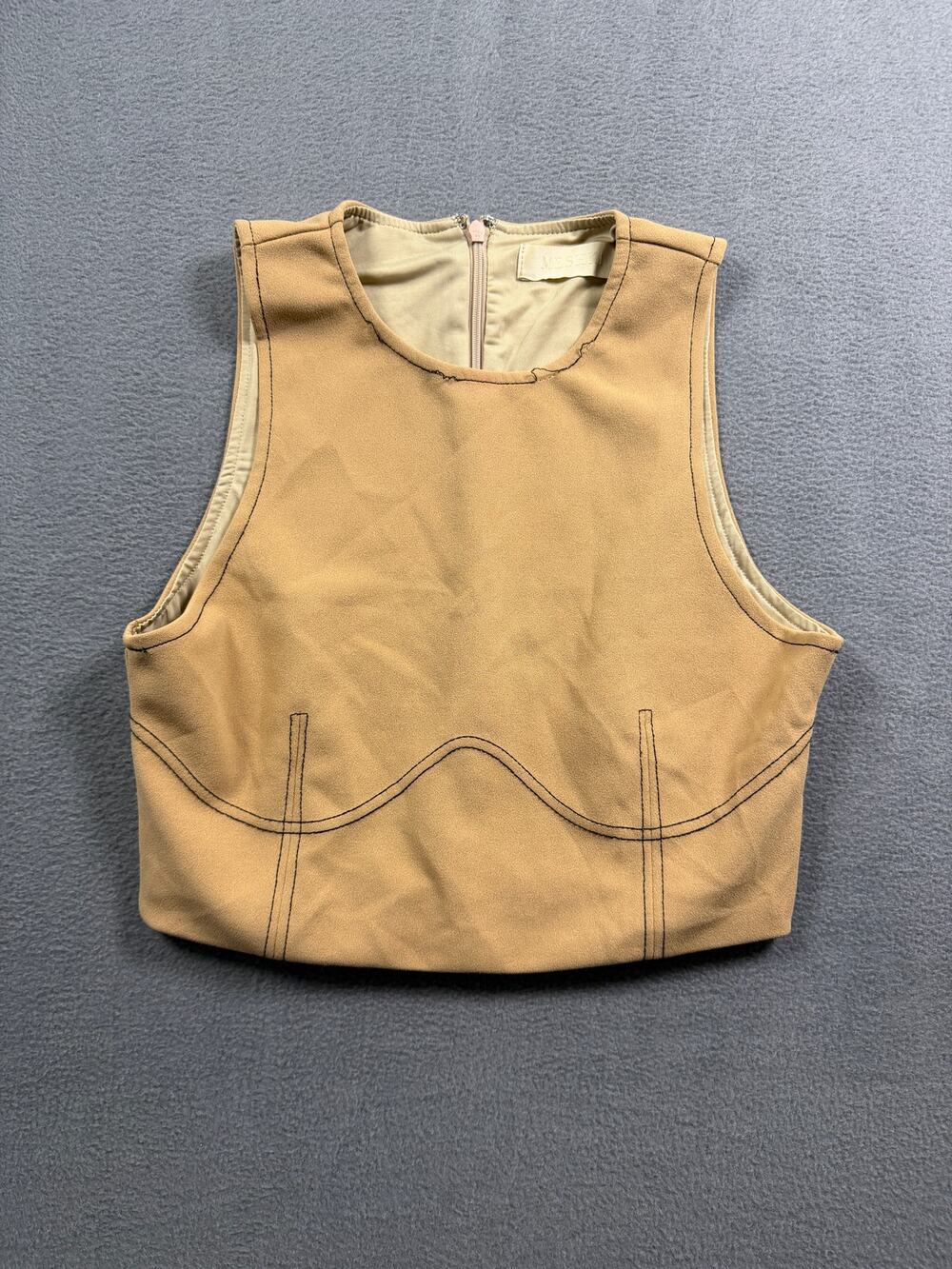 Meshki Tan Beige Faux Suede Contrast Stitch Bustier Zip Back Crop Tank Top M